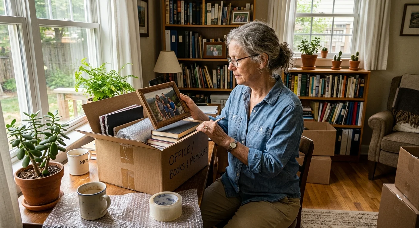 An older woman in casual clothing packs a cardboard box in her cozy home office, representing an early transition out of the workforce.