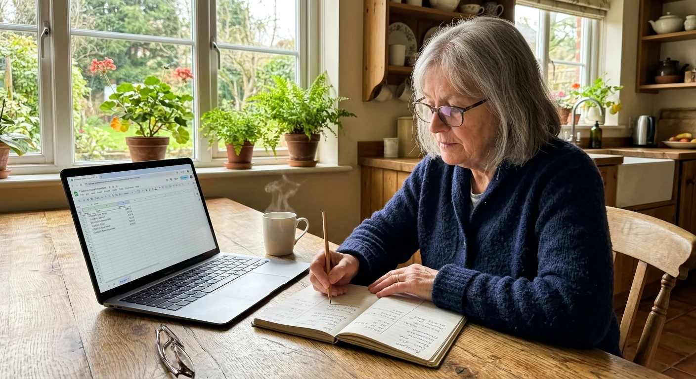 An older woman meticulously planning her retirement budget at her kitchen table in the morning light.