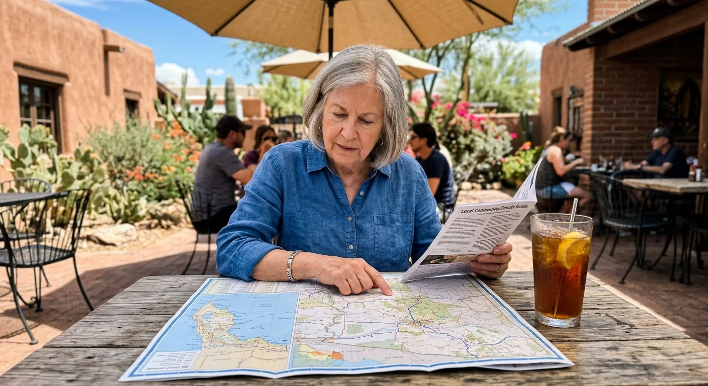 An older woman sits at an outdoor cafe table, studying a regional map and local guide under the bright afternoon sun.