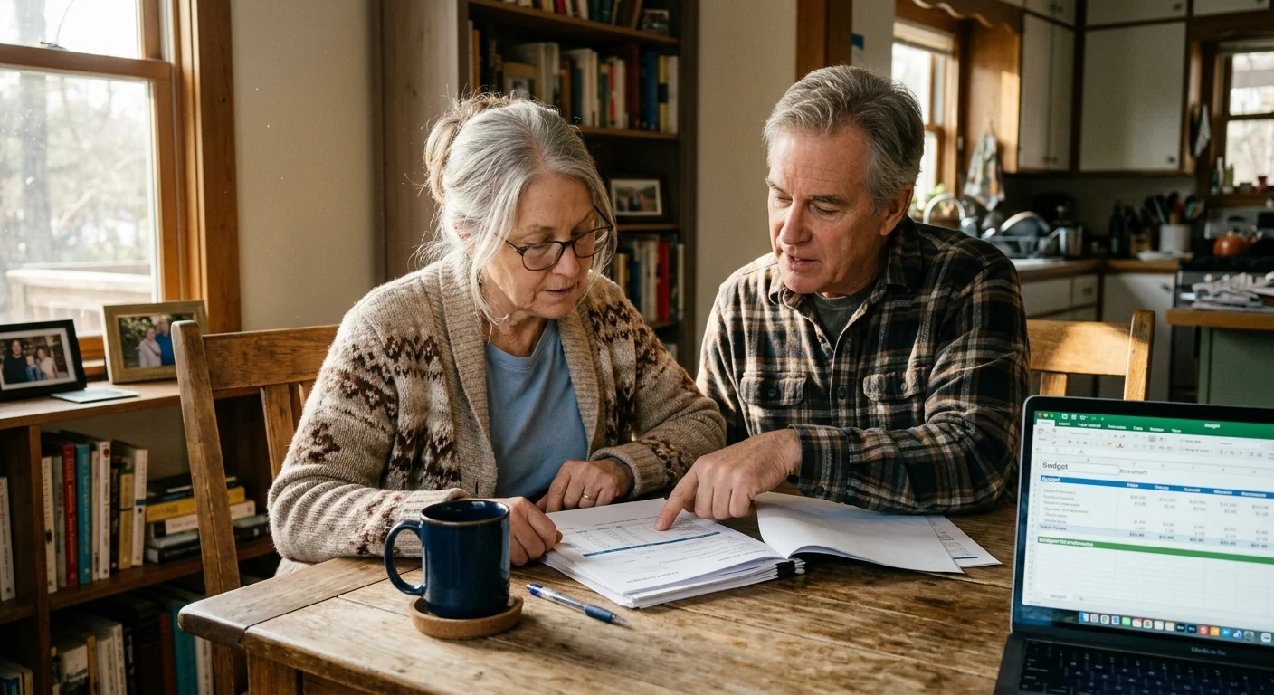 An older woman sits at her home dining table reviewing paperwork with her partner under natural, warm window light.