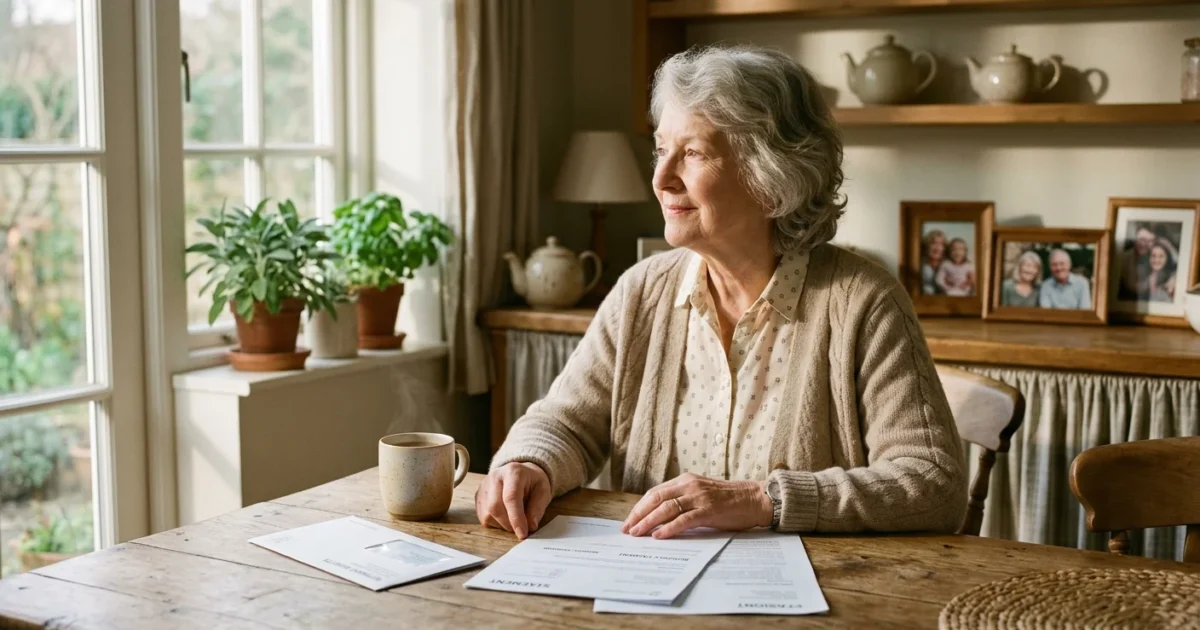 An older woman sits at her kitchen table looking relieved while reviewing official benefit documents in the morning sun.