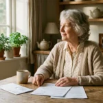 An older woman sits at her kitchen table looking relieved while reviewing official benefit documents in the morning sun.