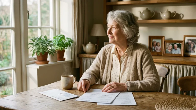 An older woman sits at her kitchen table looking relieved while reviewing official benefit documents in the morning sun.