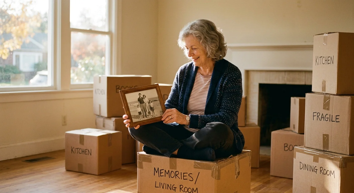 An older woman sitting among moving boxes in a sunlit room, looking at an old family photograph.