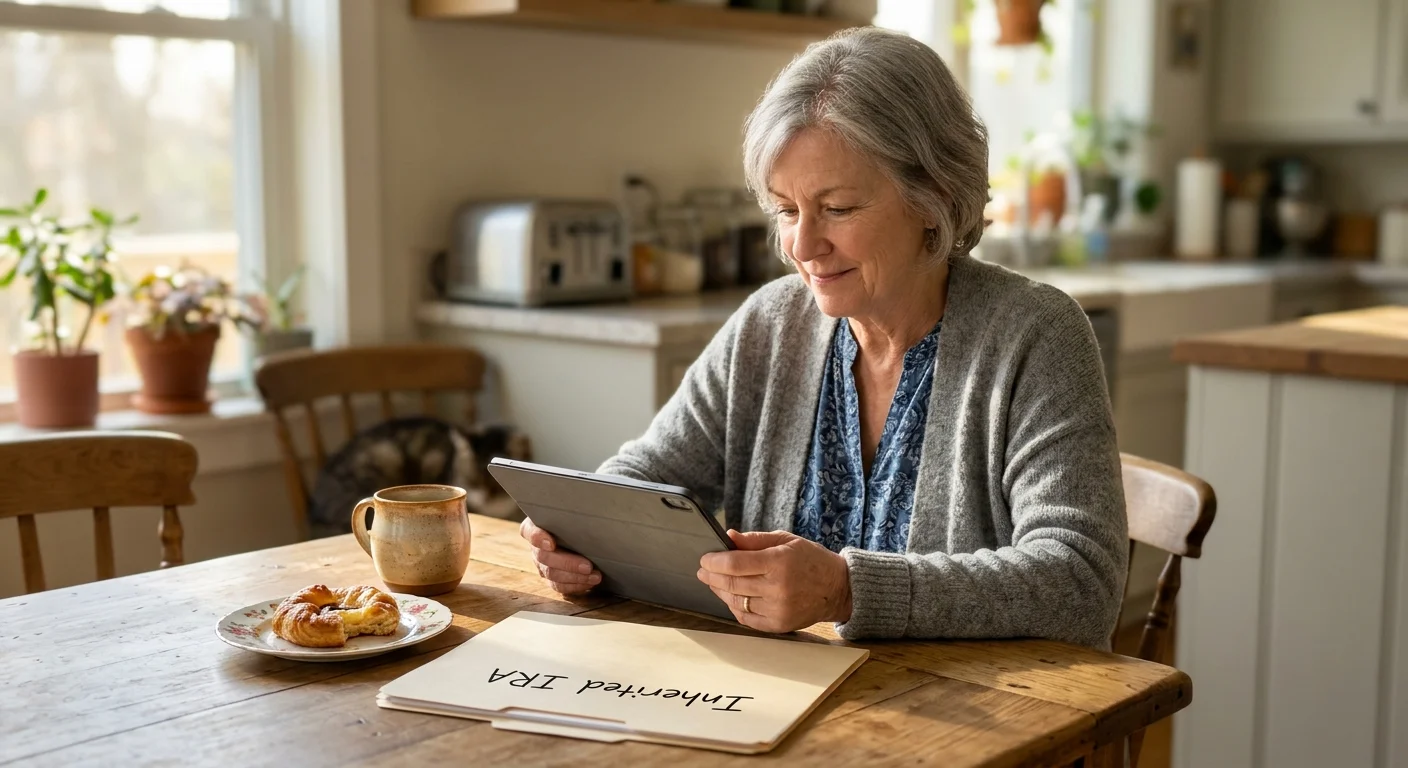 An older woman sitting in her sunny kitchen, thoughtfully reviewing an inherited IRA folder and tablet.