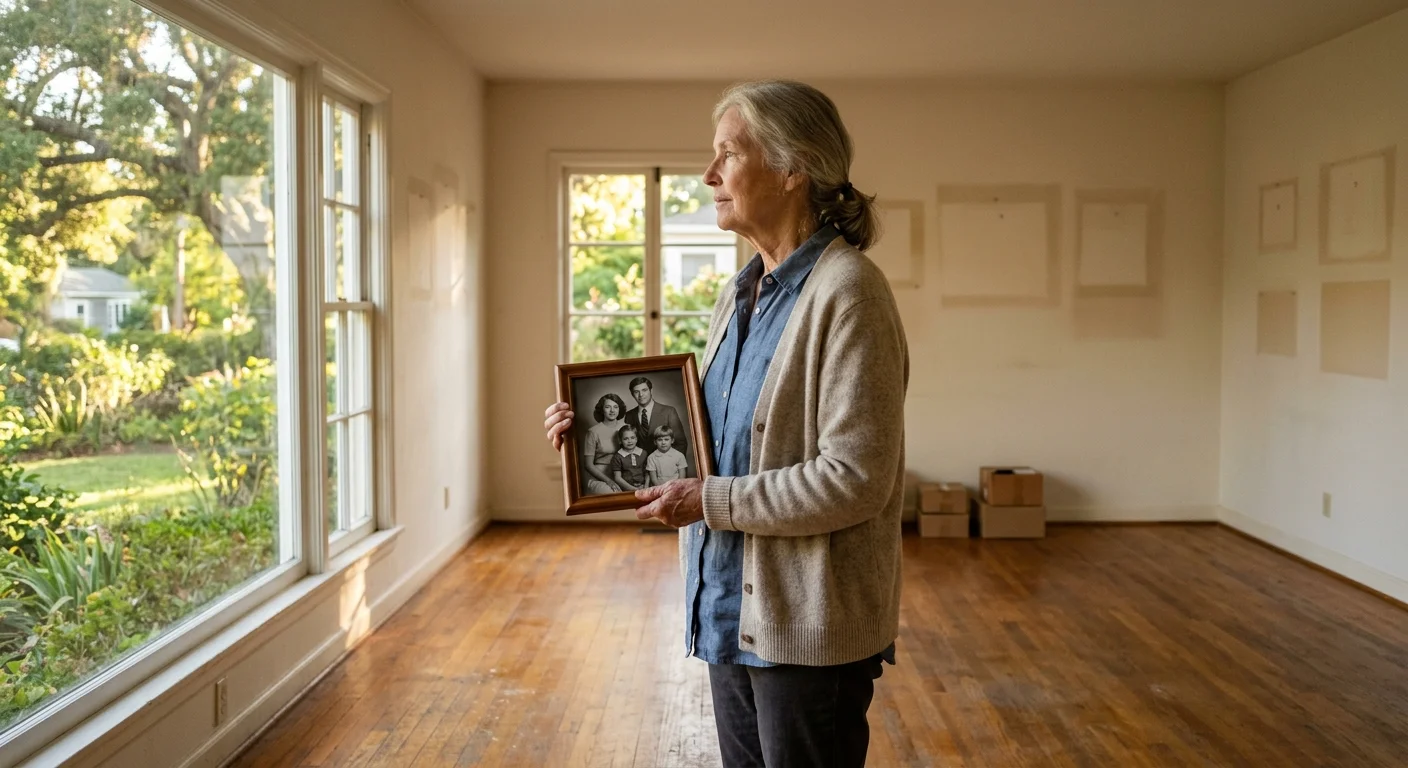 An older woman stands in an empty, sunlit living room holding a framed family photo, reflecting on the transition of leaving her former home