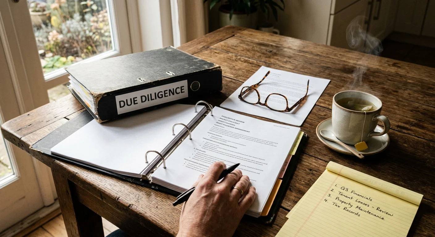 An open due diligence binder, reading glasses, and a steaming mug of tea on a rustic wooden table in soft morning light.