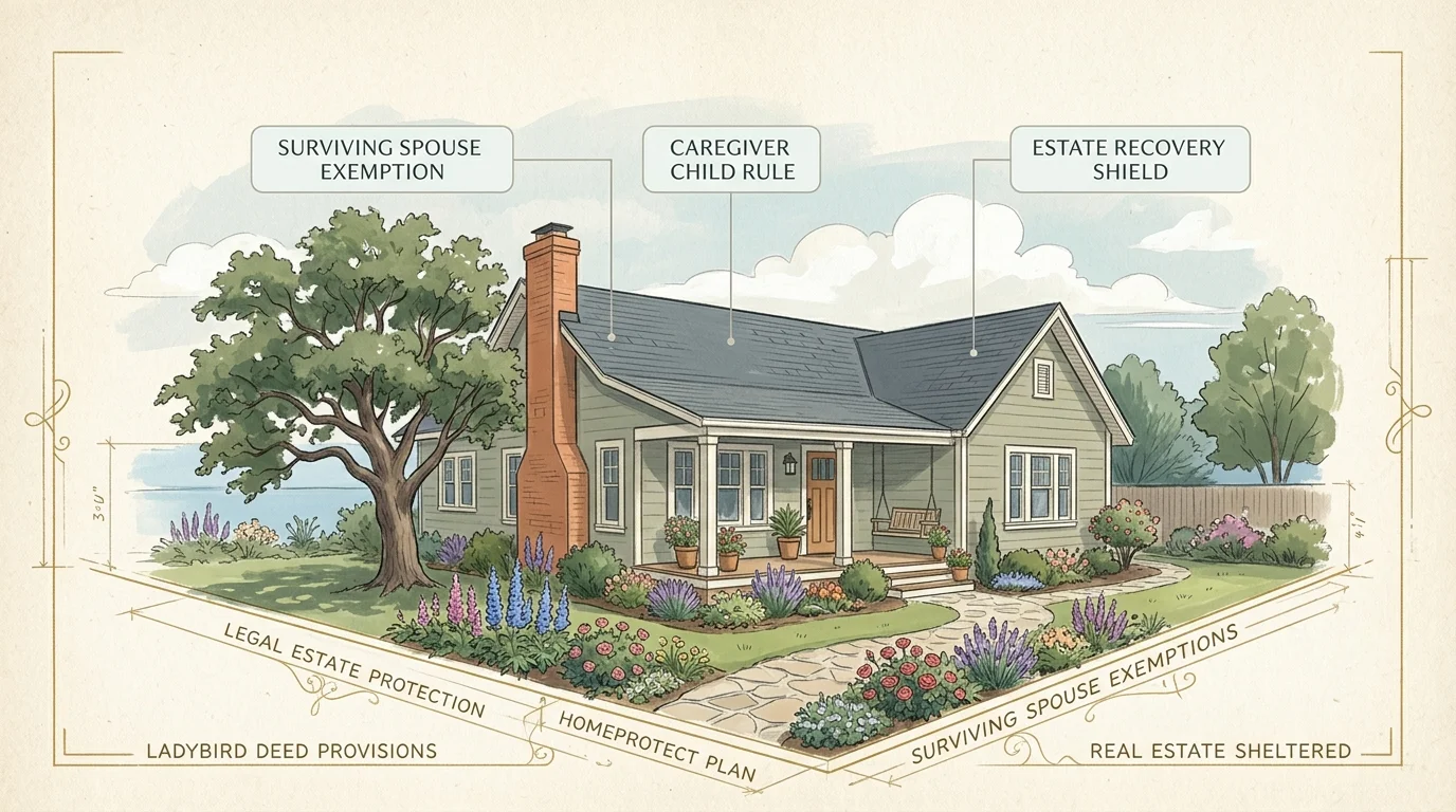 Architectural sketch of a house with labeled callouts highlighting estate recovery exemptions and protections.