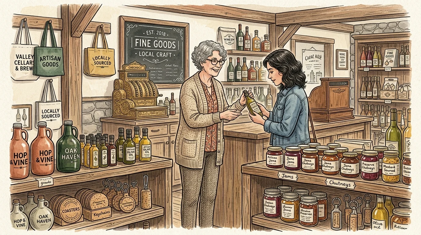 Illustration of a senior retail clerk handing a bottle to a customer in a rustic gift shop filled with jars and goods.