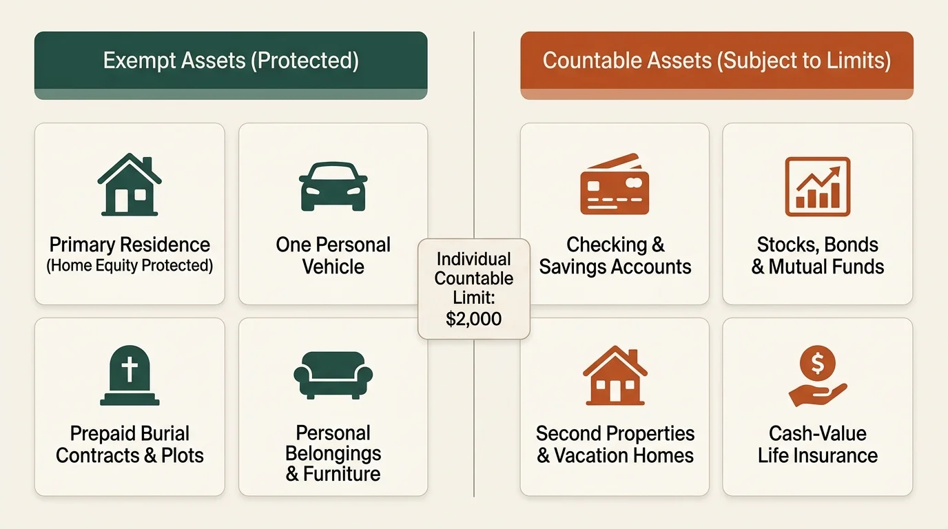 Diagram comparing exempt assets like a primary residence to countable assets subject to a $2,000 individual limit.