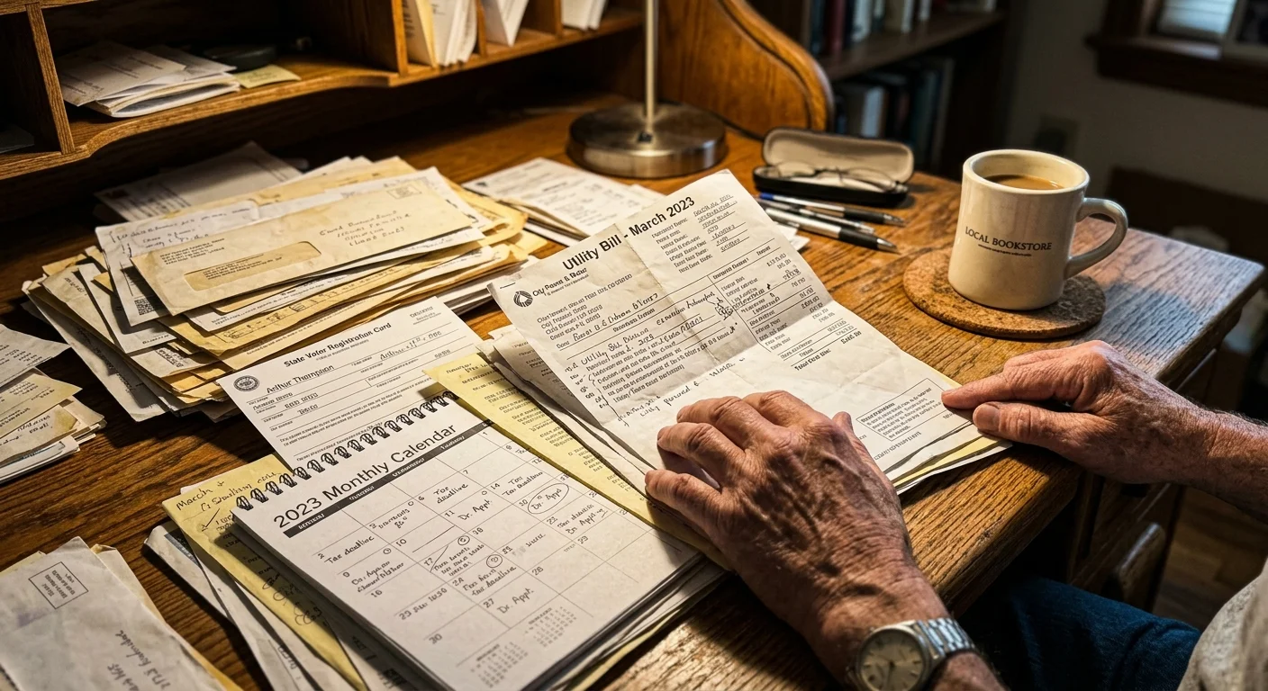 Candid close-up of a senior sorting through paper utility bills, calendars, and records at a wooden desk.