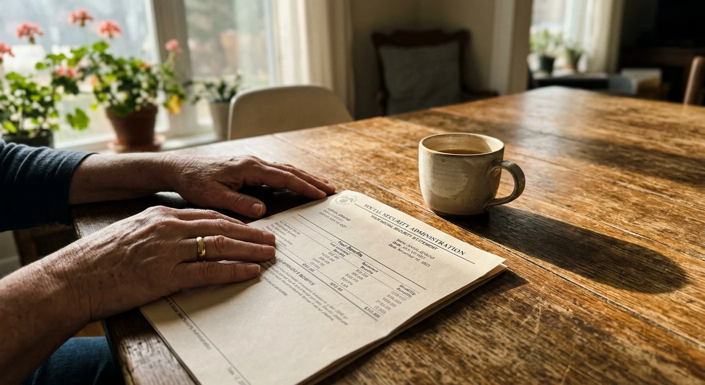 Candid photo of a woman's hands near an open Social Security statement on a wooden table, representing divorced spousal benefits.