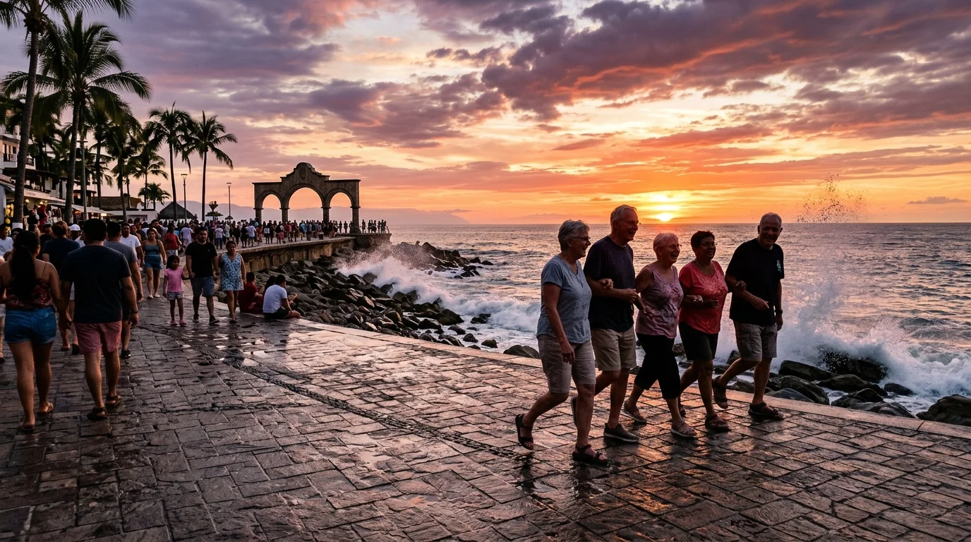 Candid photo of active seniors walking along the Puerto Vallarta oceanfront boardwalk at a vibrant sunset.