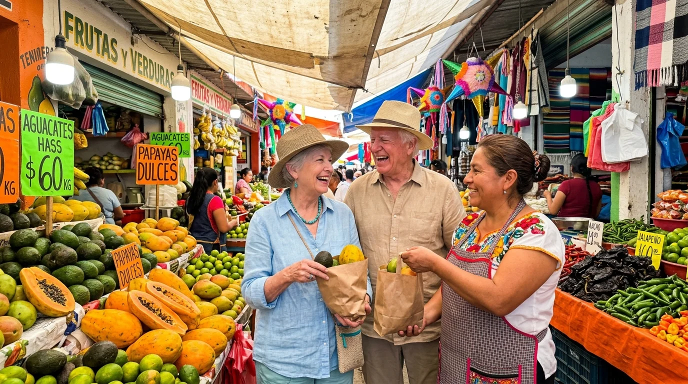 Candid photo of an older American couple happily buying fresh fruit from a local vendor at an outdoor Mexican market.