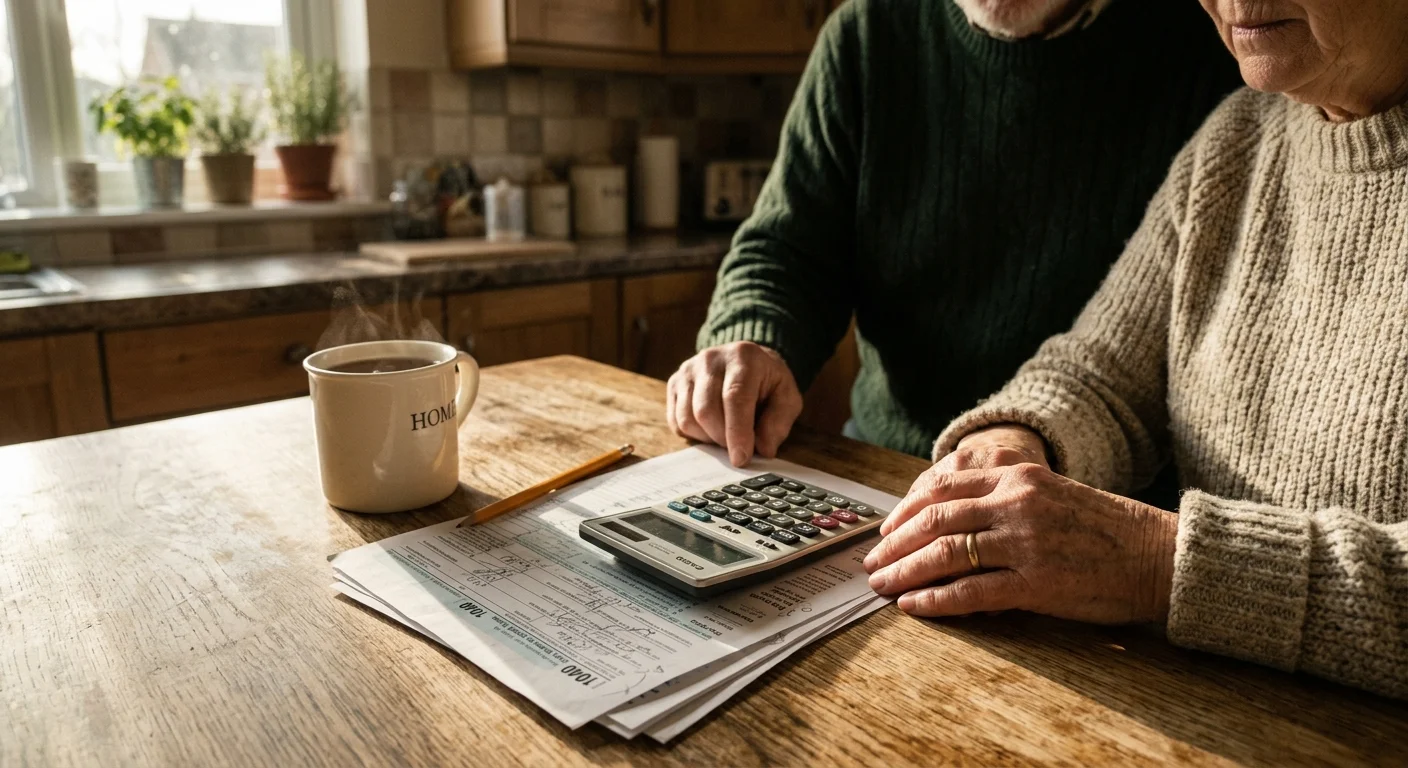 Candid photograph of an older couple calculating their retirement tax burden at a sunlit kitchen table.