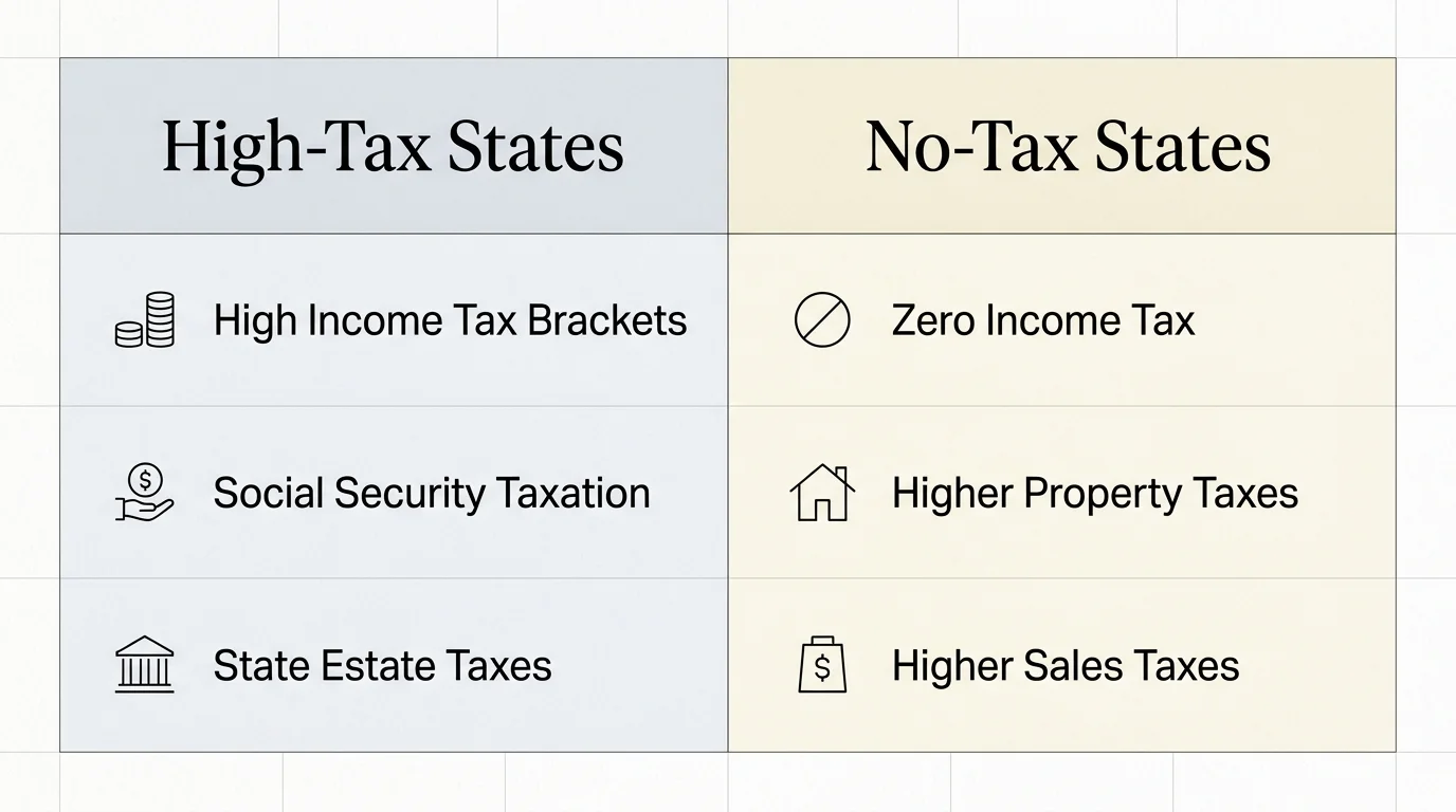 Clean comparative table diagram contrasting the structural differences between high-tax and no-tax states for retirees.