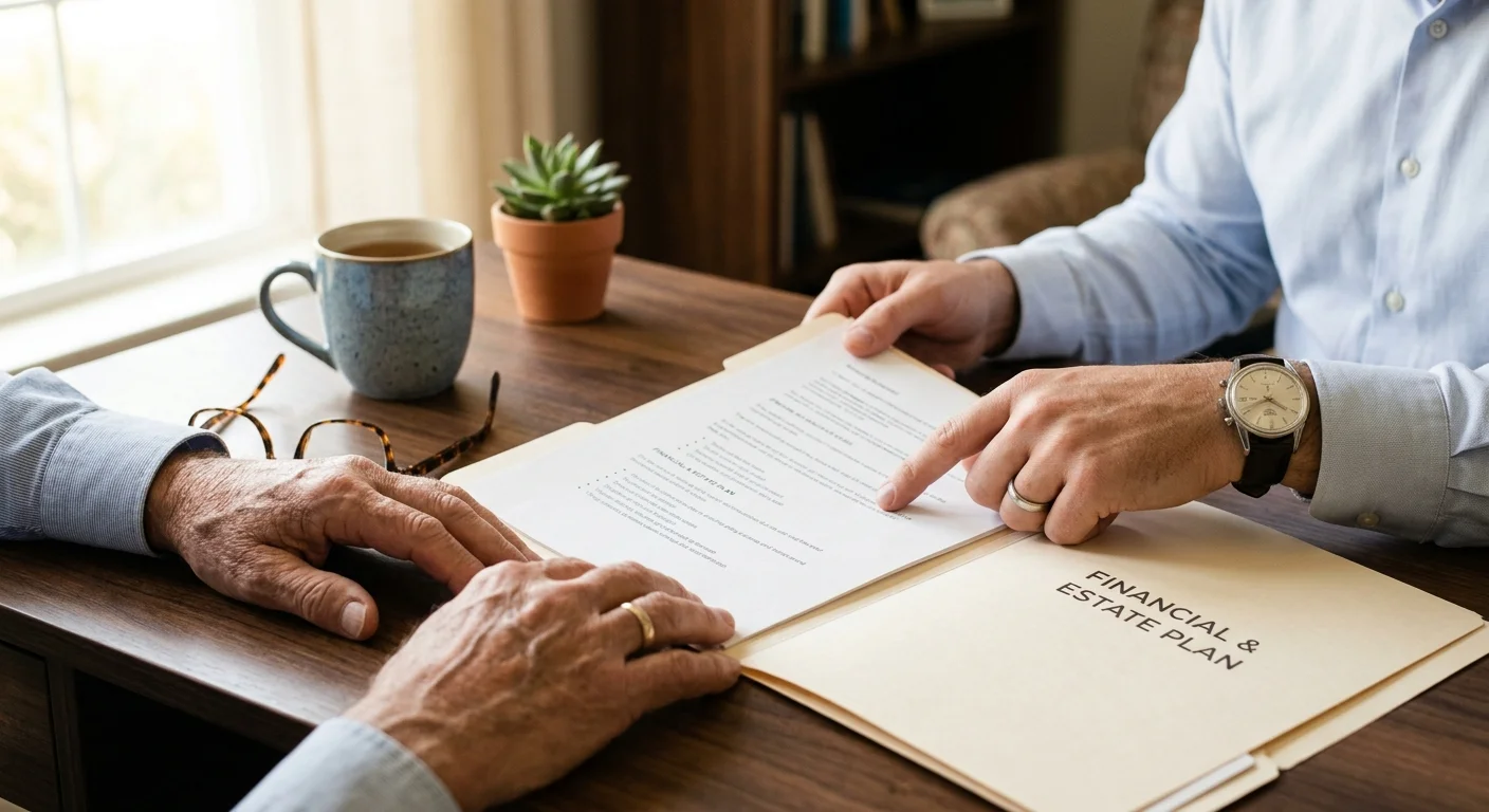Close-up of a financial advisor's hand pointing to a folder labeled Financial and Estate Plan for a client.
