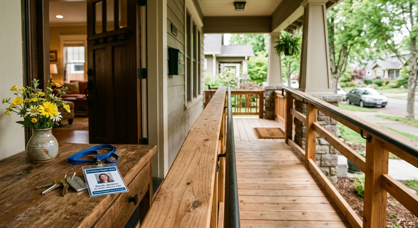 Close-up of a wooden home entryway ramp with an in-home health aide badge resting on a console table inside.
