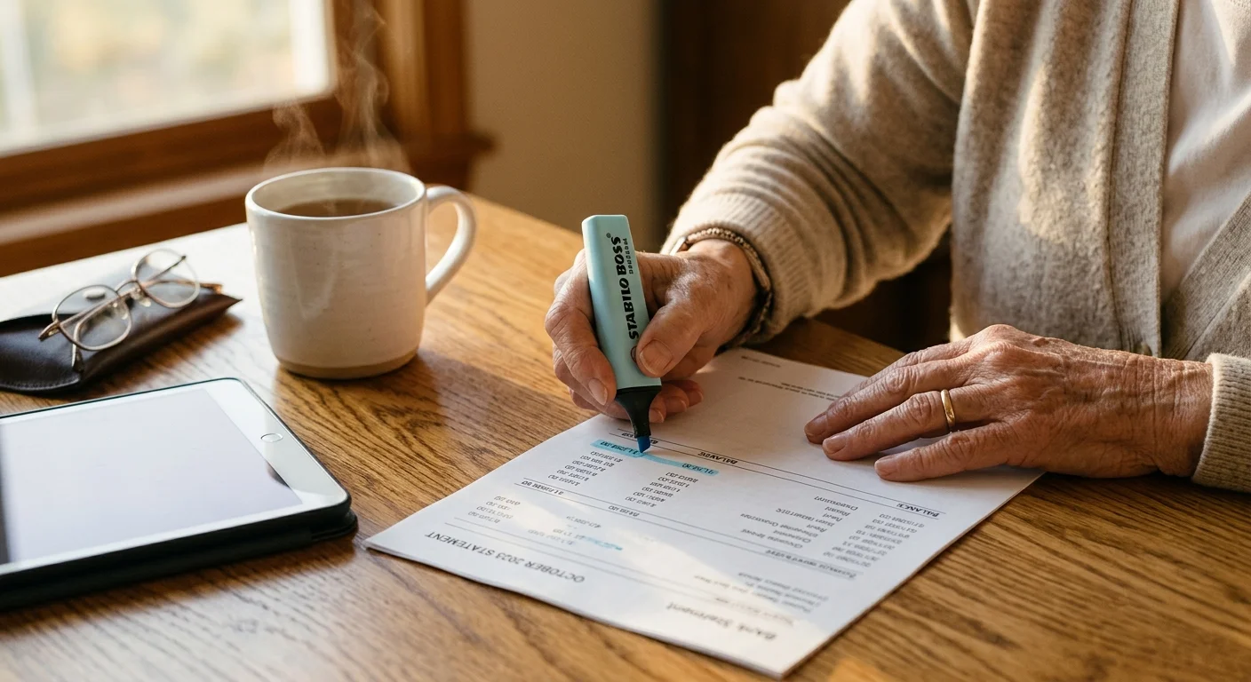 Close-up of an older woman's hands highlighting a bank statement at a sunlit wooden table.