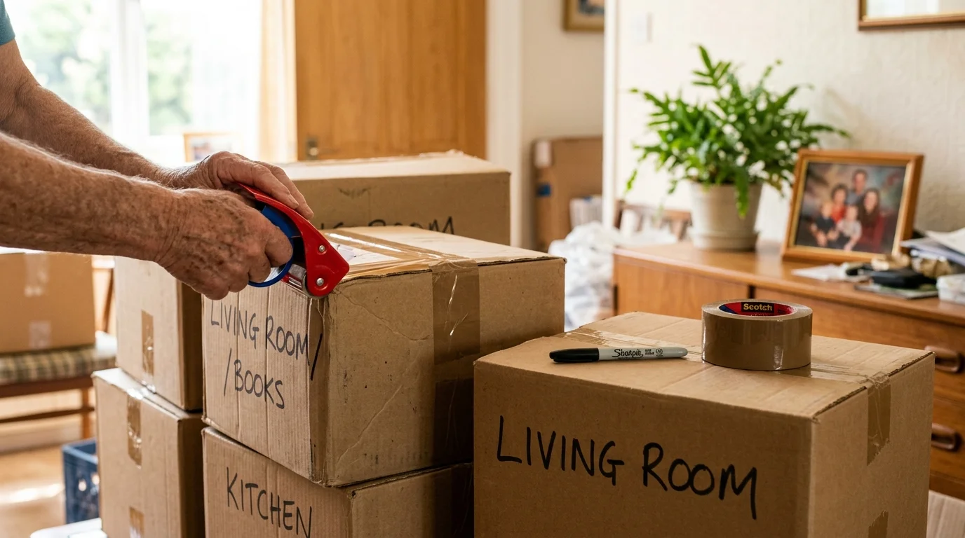 Close-up of hands taping cardboard moving boxes in a sunlit living room during a home downsize.