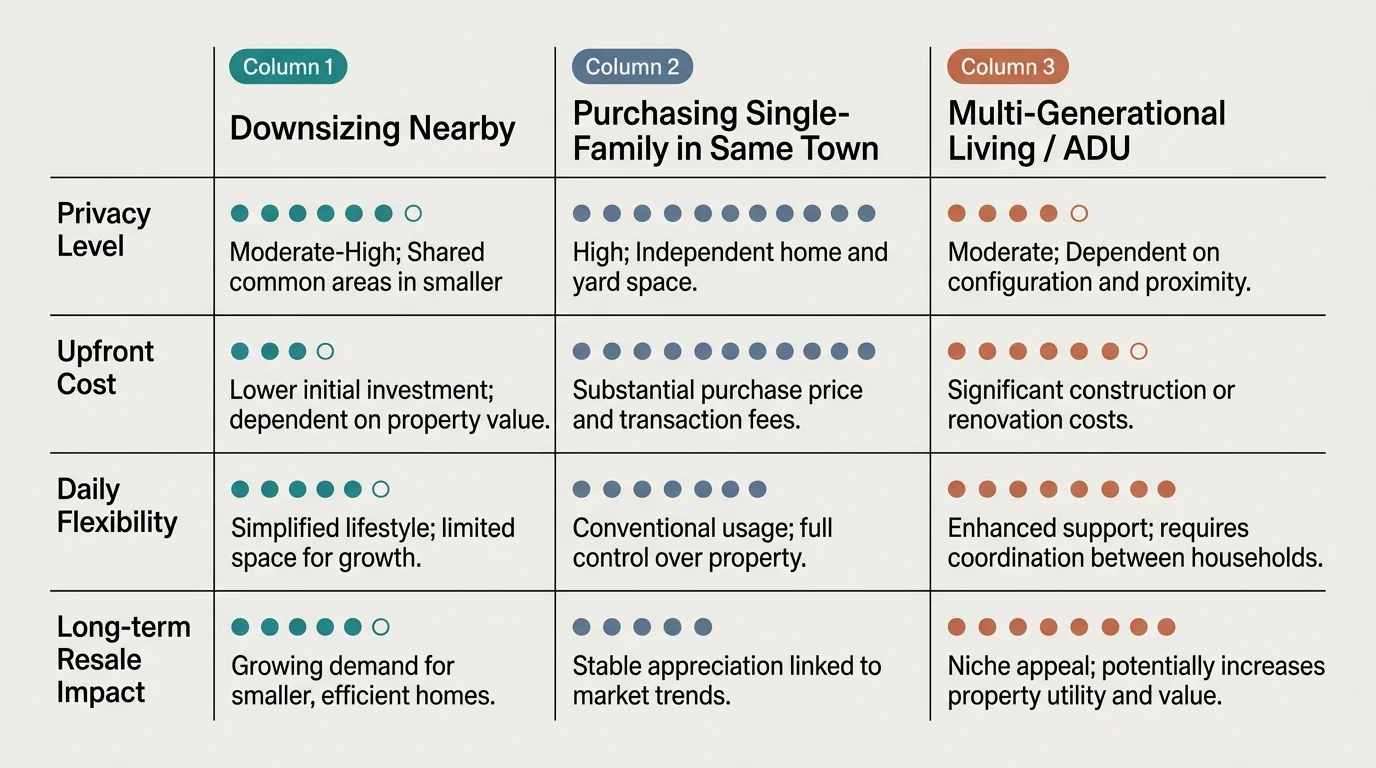 Comparison table rating downsizing, buying a single-family home, and ADU living across privacy, upfront cost, and flexibility.