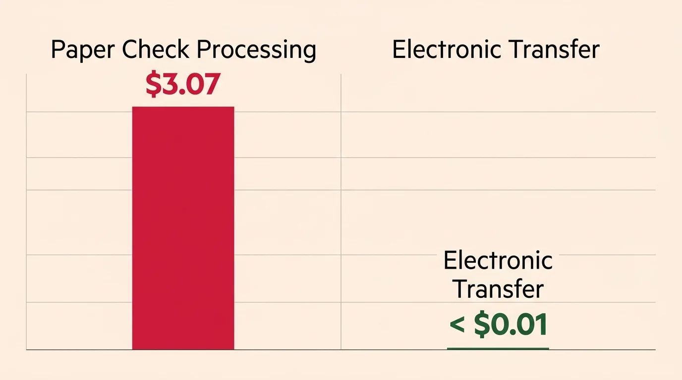 Comparison chart showing the $3.07 processing cost of a paper check versus less than a penny for an electronic transfer.