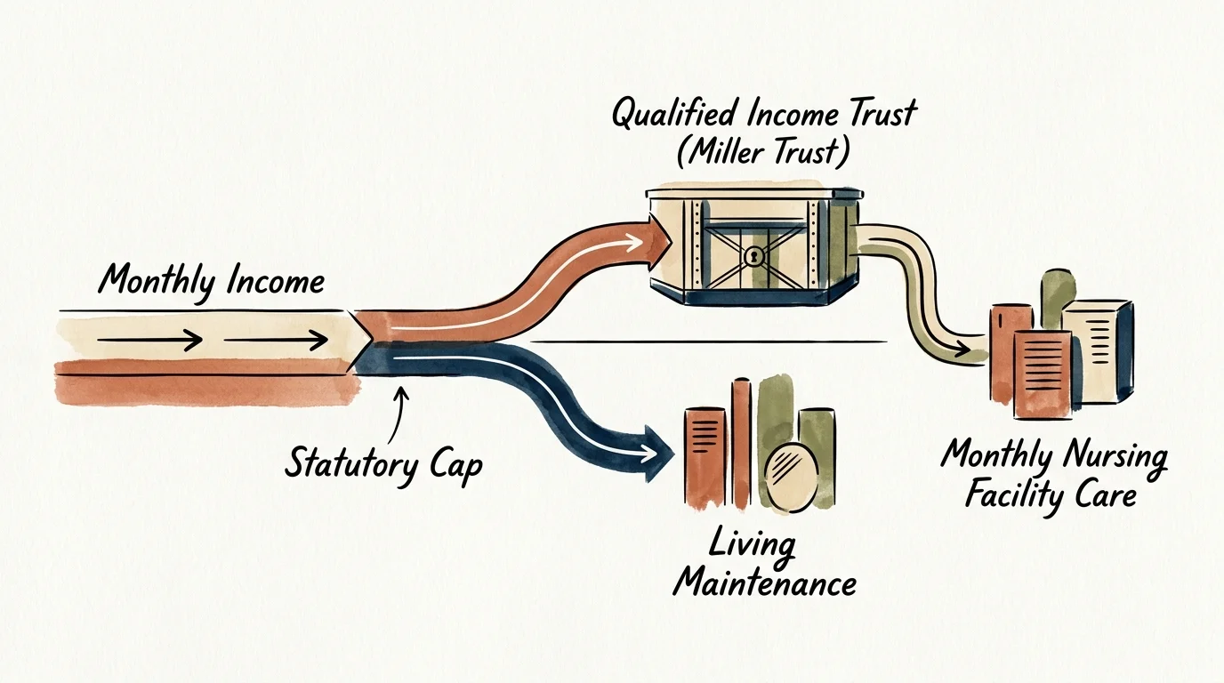 Diagram illustrating monthly income splitting at a statutory cap into a Qualified Income Trust and living maintenance.