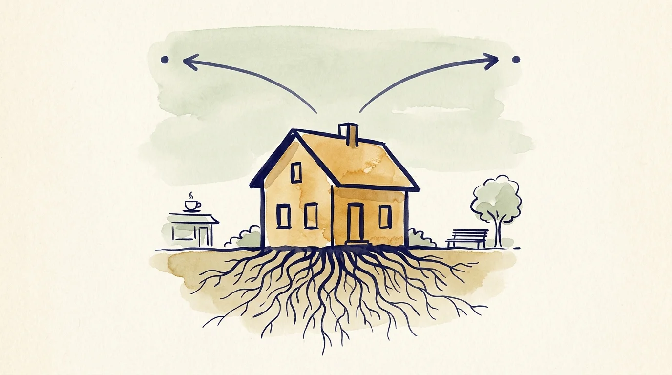 Watercolor illustration of a rooted house with diverging directional arrows curving overhead.