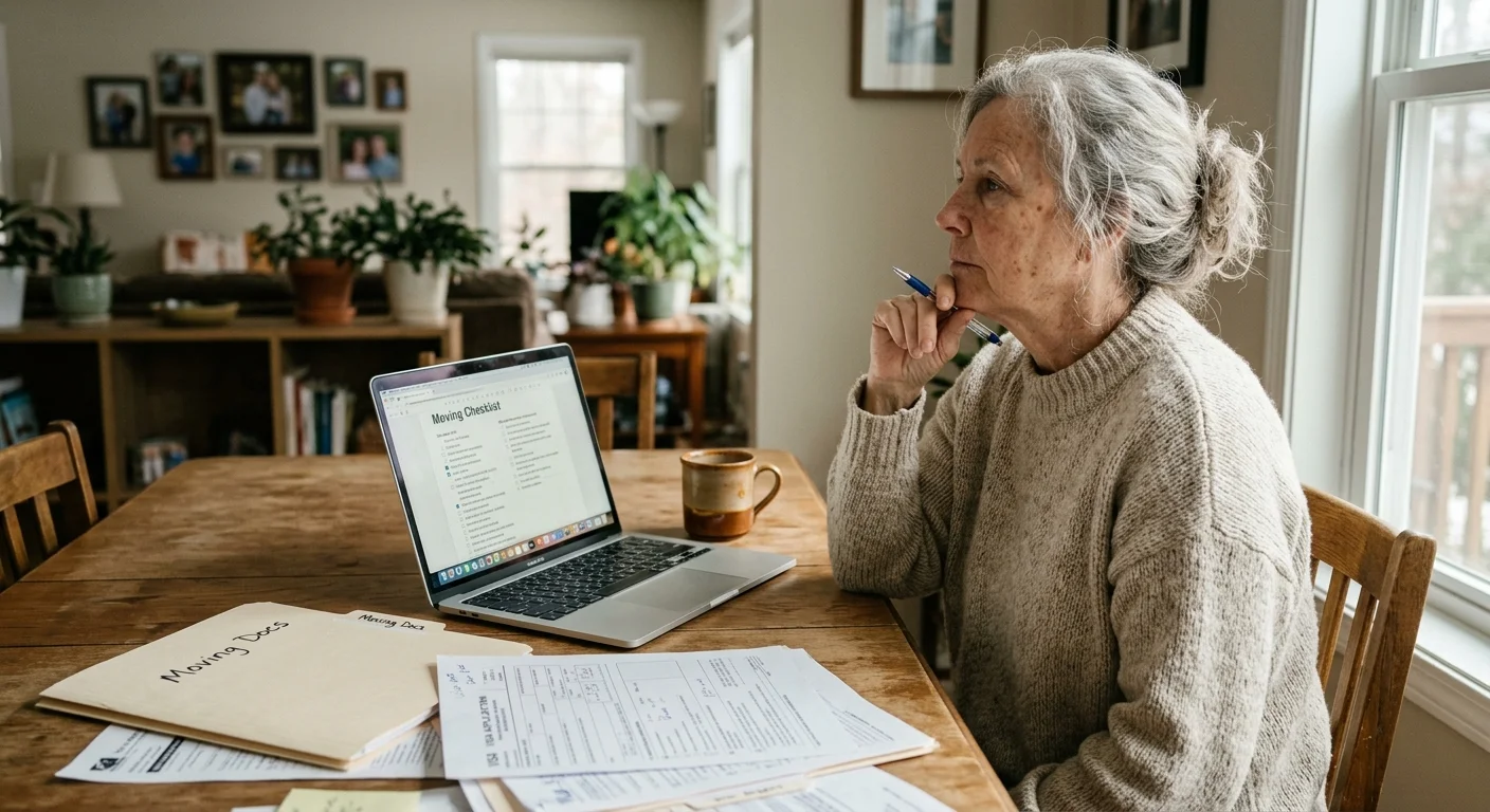 Documentary-style photo of an older woman surrounded by retirement paperwork and a laptop at her sunlit dining table.