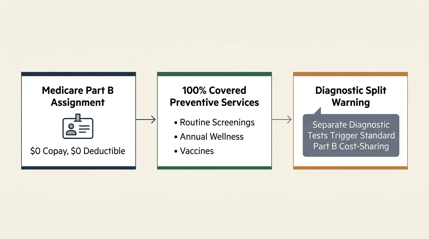 A three-step flowchart detailing Medicare Part B assignment, covered preventive services, and diagnostic split warnings.