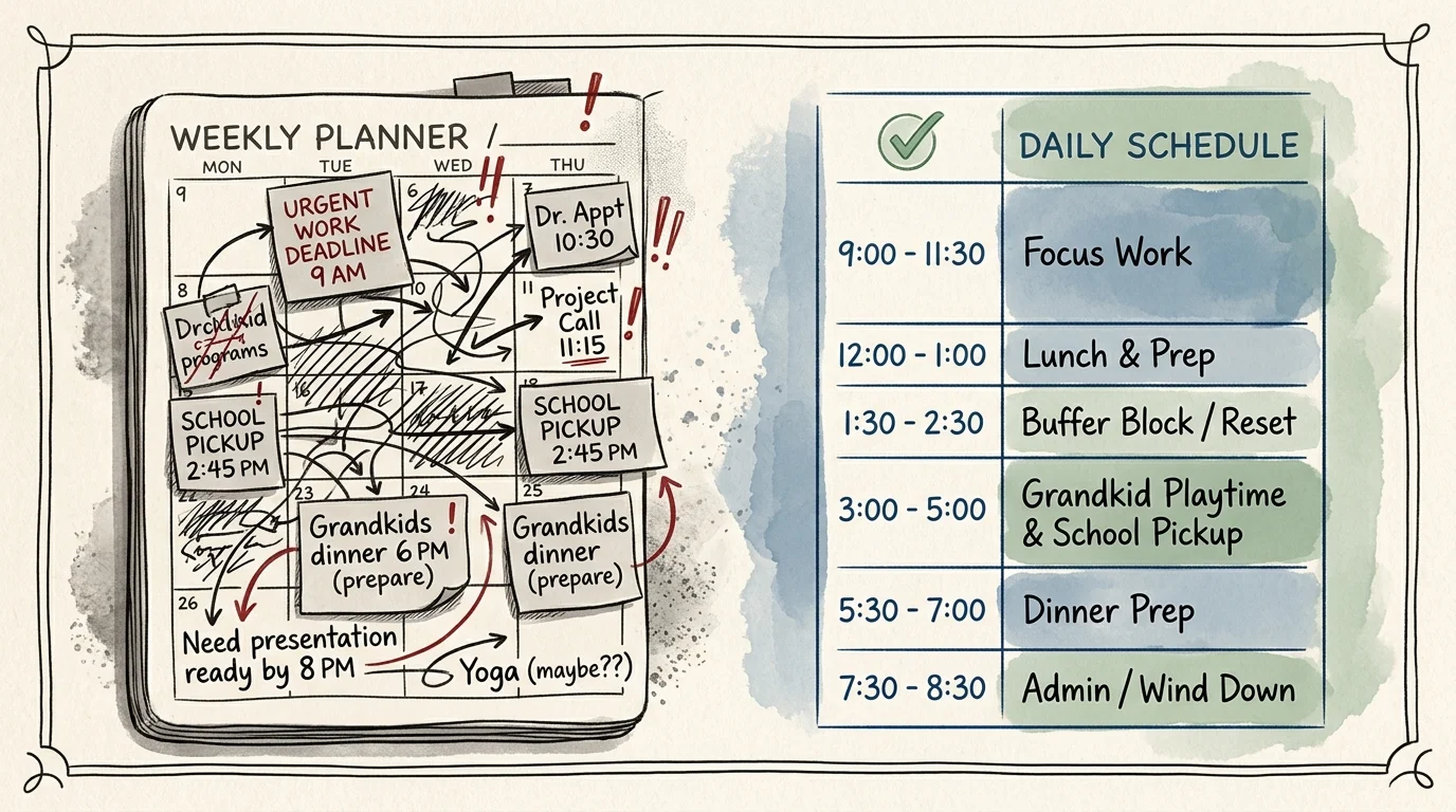 Chaotic weekly planner covered in overlapping sticky notes beside an organized daily schedule table with time blocks.