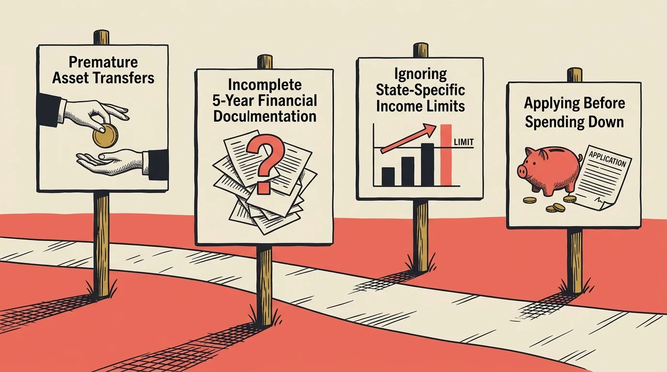 Four signs along a pathway displaying common Medicaid mistakes, including premature asset transfers and incomplete documents.