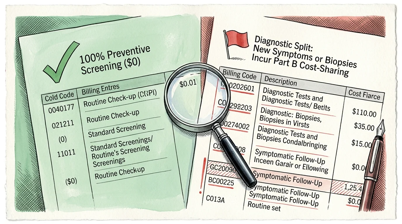 Illustration of a split medical bill comparing preventive screening with diagnostic charges under a magnifying glass.