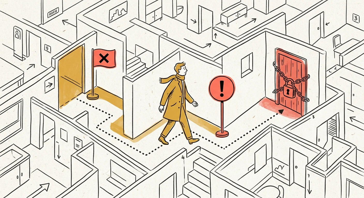 Editorial line illustration of a person navigating a floor plan maze filled with warning flags and exclamation points.