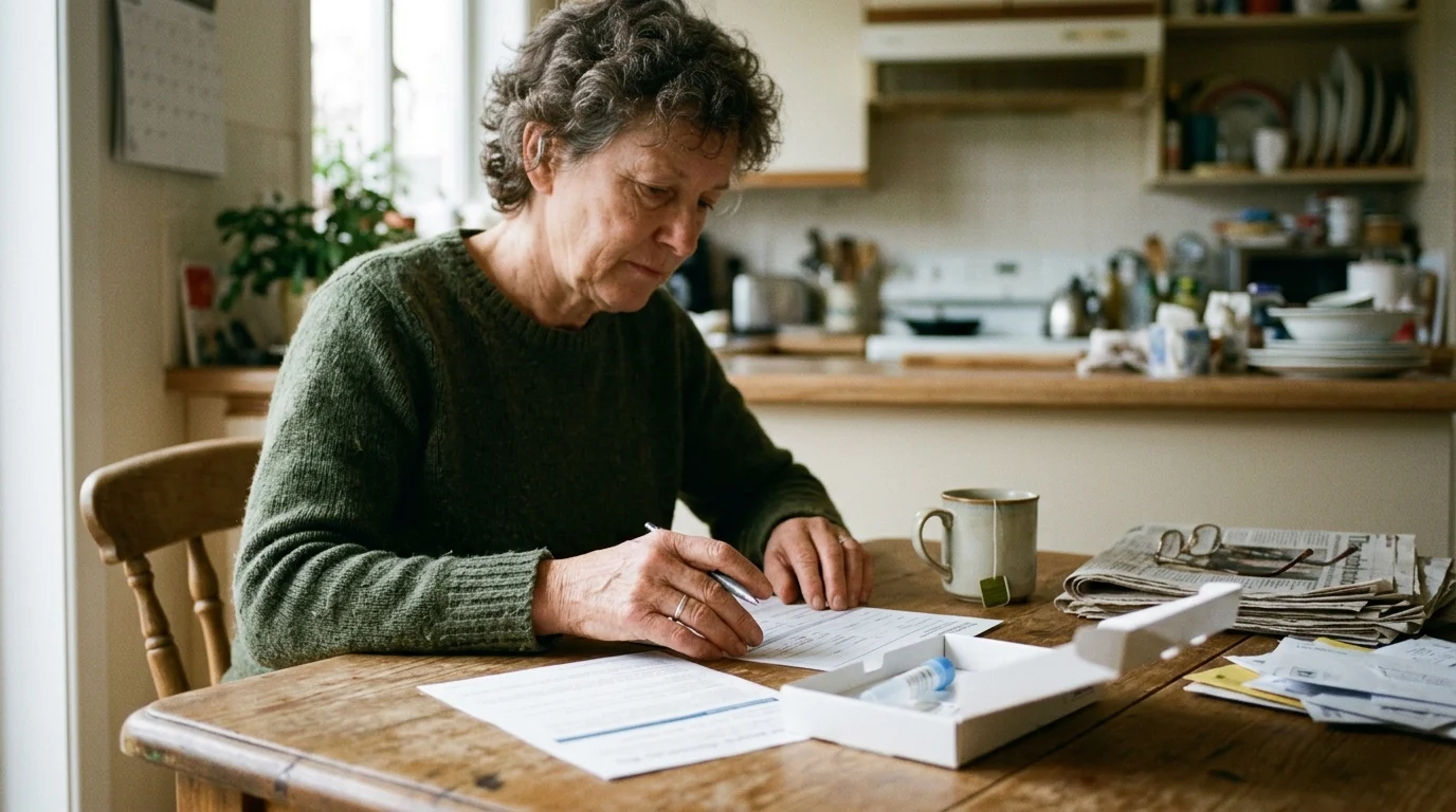 A woman sits at a wooden kitchen table filling out medical paperwork next to an open home test kit box.