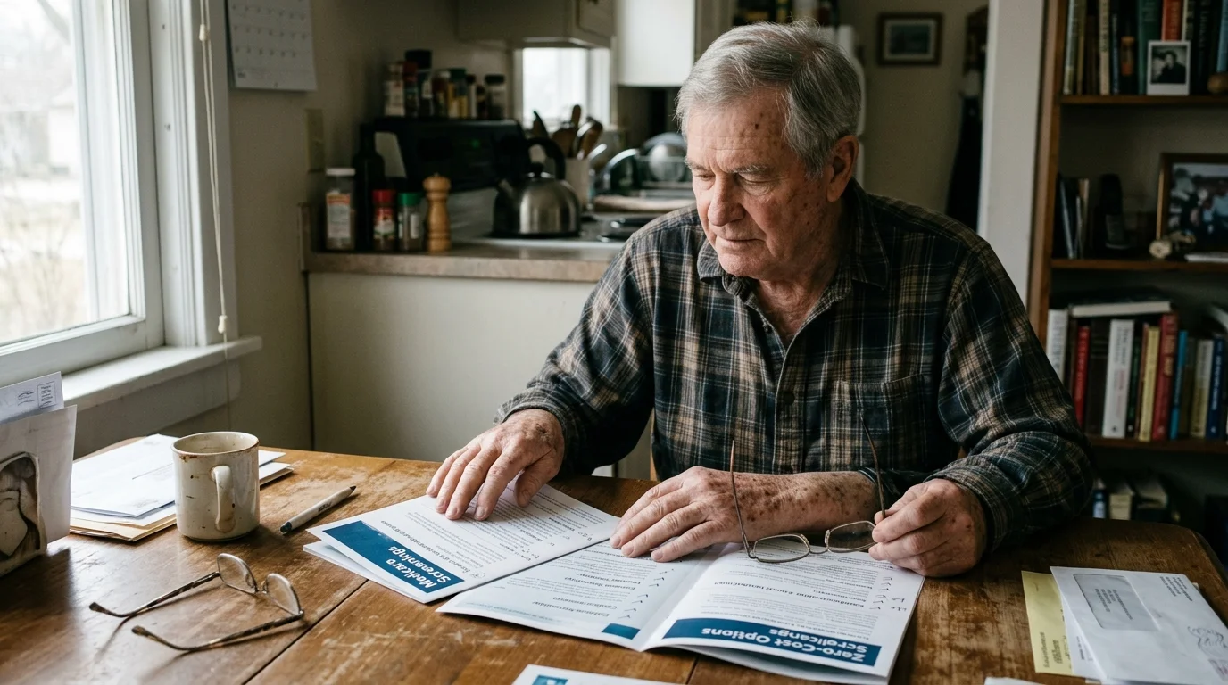 An older man sitting at a wooden table reviewing Medicare documents while holding eyeglasses.