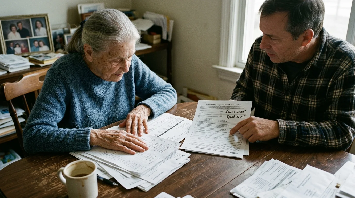 An elderly woman and a man sit at a wooden table reviewing financial paperwork and documents together.