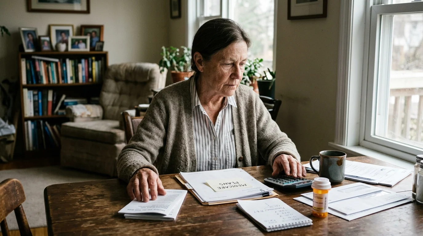 Senior woman sitting at a wooden dining table reviewing Medicare paperwork with a calculator and pill bottle.