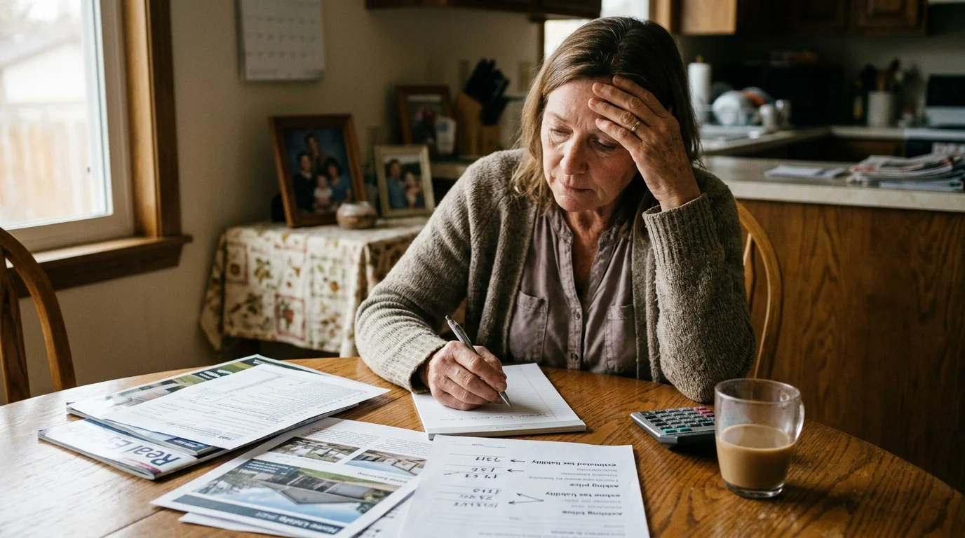 A woman sits at a wooden kitchen table with paperwork, a calculator, and a pen, resting her head in her hand.