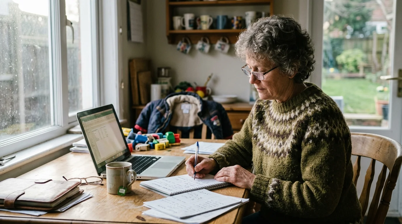 A woman with glasses sits at a wooden table writing in a notebook beside a laptop, mug, and scattered toys.