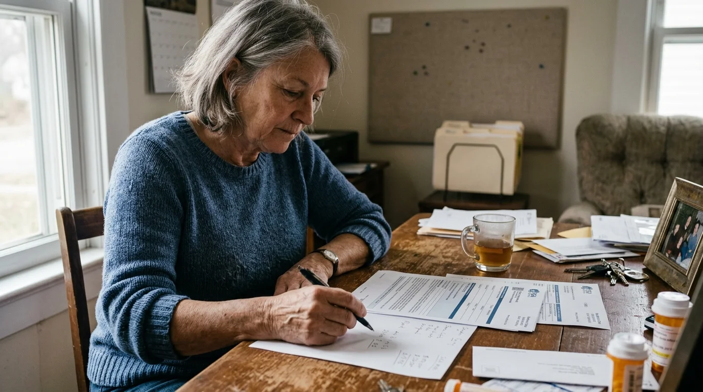 Older woman with gray hair writing on paperwork at a wooden desk with pill bottles, tea, and documents.
