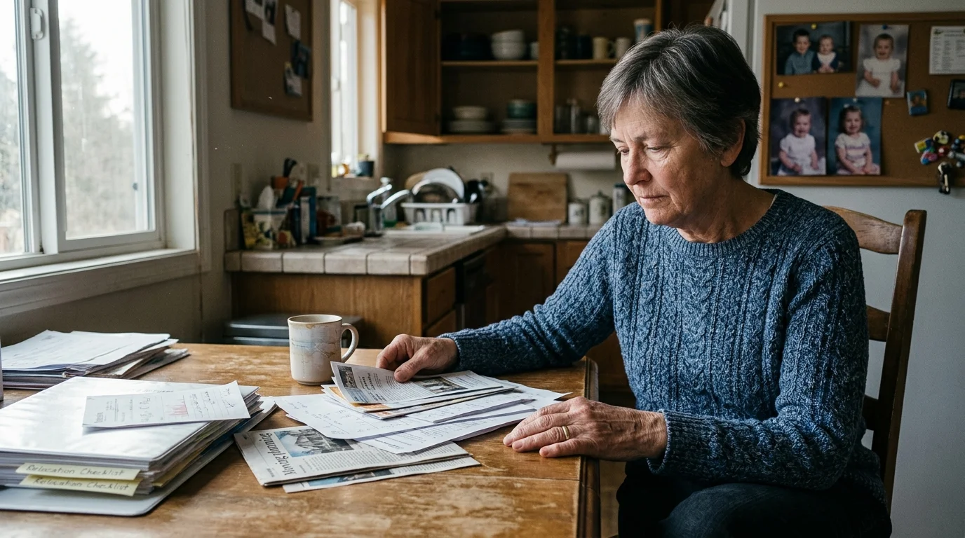 An older woman sits at a wooden kitchen table reviewing papers and documents near a bulletin board of family photos.