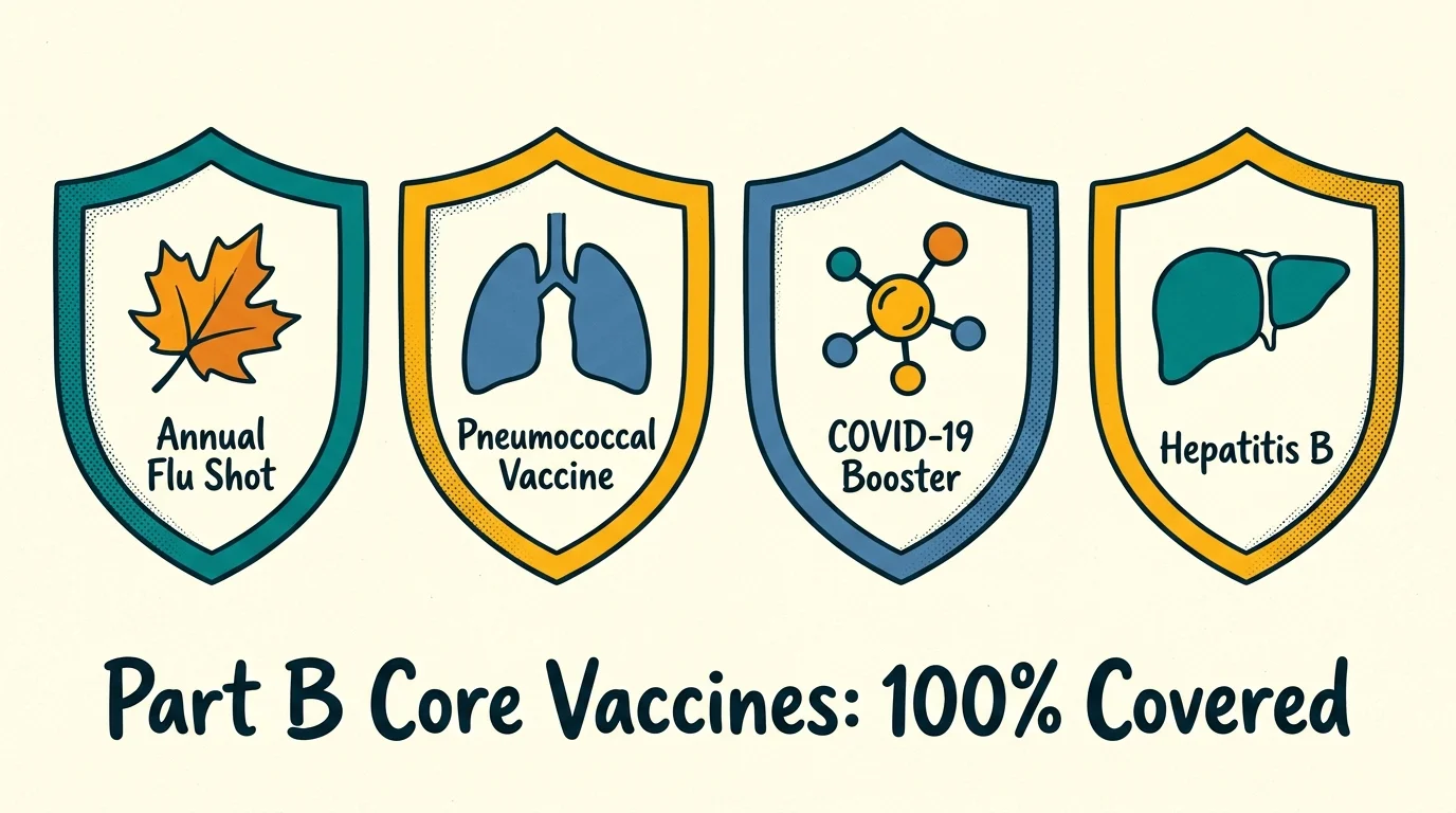 Four shields representing flu, pneumonia, COVID-19, and hepatitis B vaccines over text reading Part B Core Vaccines.