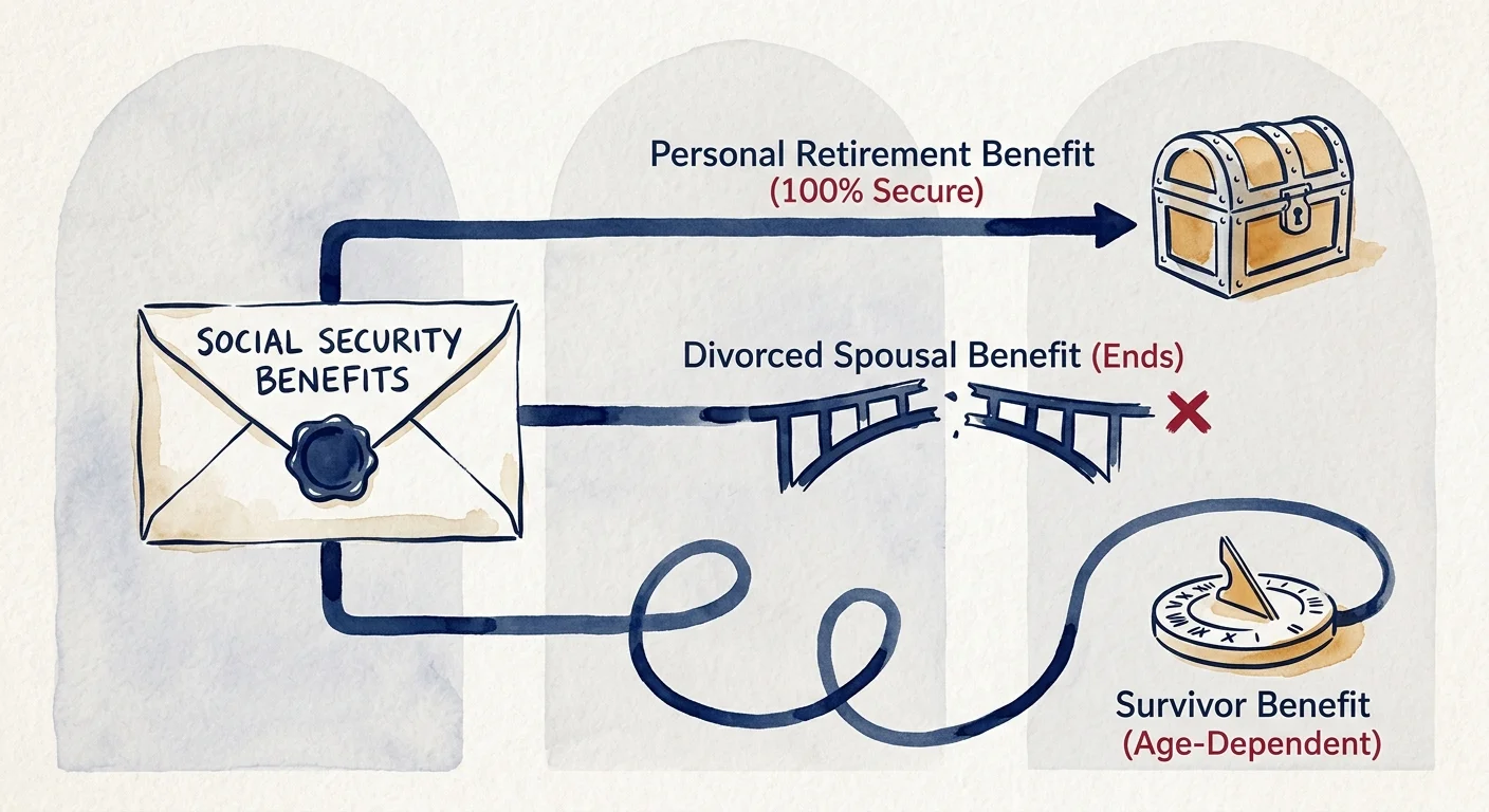 Editorial watercolor diagram showing three paths representing Personal, Divorced, and Survivor Social Security benefits.