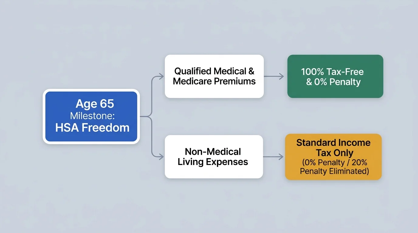 Flowchart showing HSA withdrawal rules at age 65 for medical expenses versus non-medical spending and their tax outcomes.