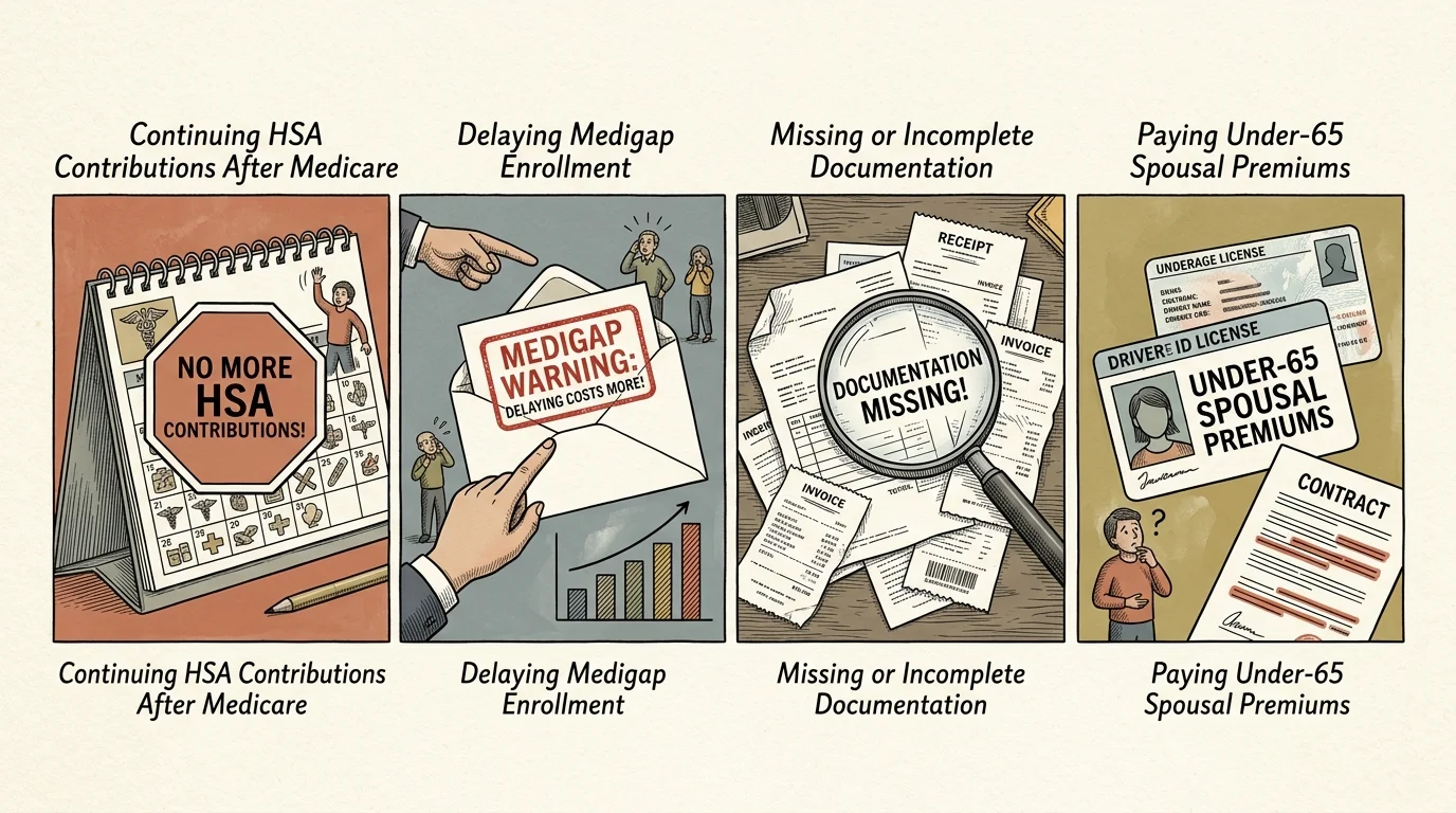 Four-panel cartoon illustrating common Medicare mistakes involving HSA contributions, Medigap, documentation, and spouses.