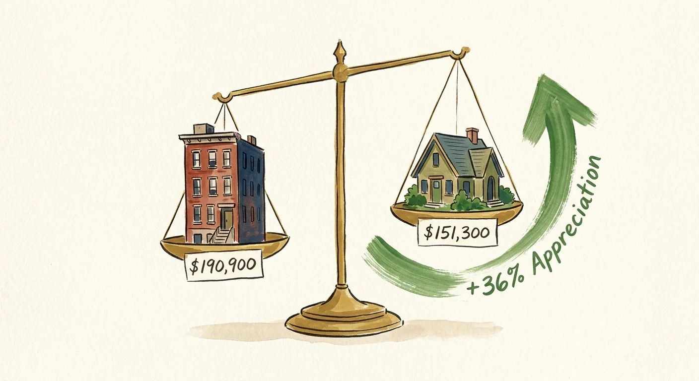 Gouache illustration of a balance scale comparing urban and rural home values with an upward market shift arrow.