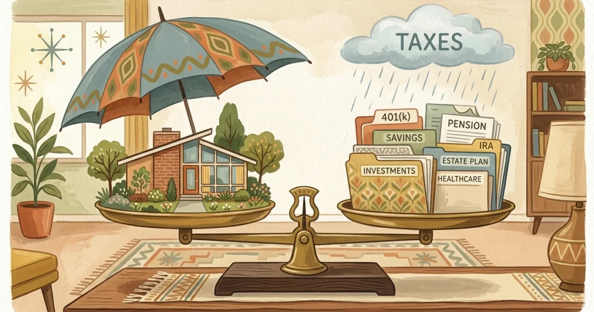 Gouache illustration of a balanced scale weighing a cozy home and retirement savings under a protective umbrella.