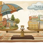 Gouache illustration of a balanced scale weighing a cozy home and retirement savings under a protective umbrella.