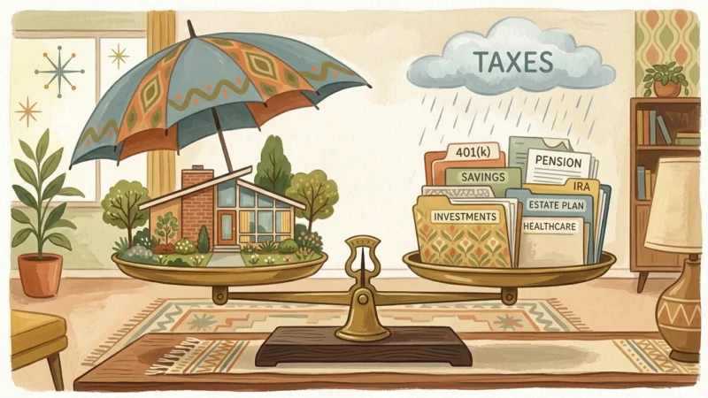 Gouache illustration of a balanced scale weighing a cozy home and retirement savings under a protective umbrella.